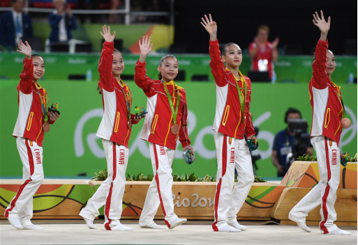 中国队参加奥运会的五名体操选手商春松、王妍、毛艺、范忆琳和谭佳薪