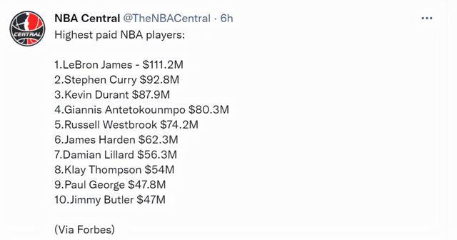 NBA球员年收入排名前十