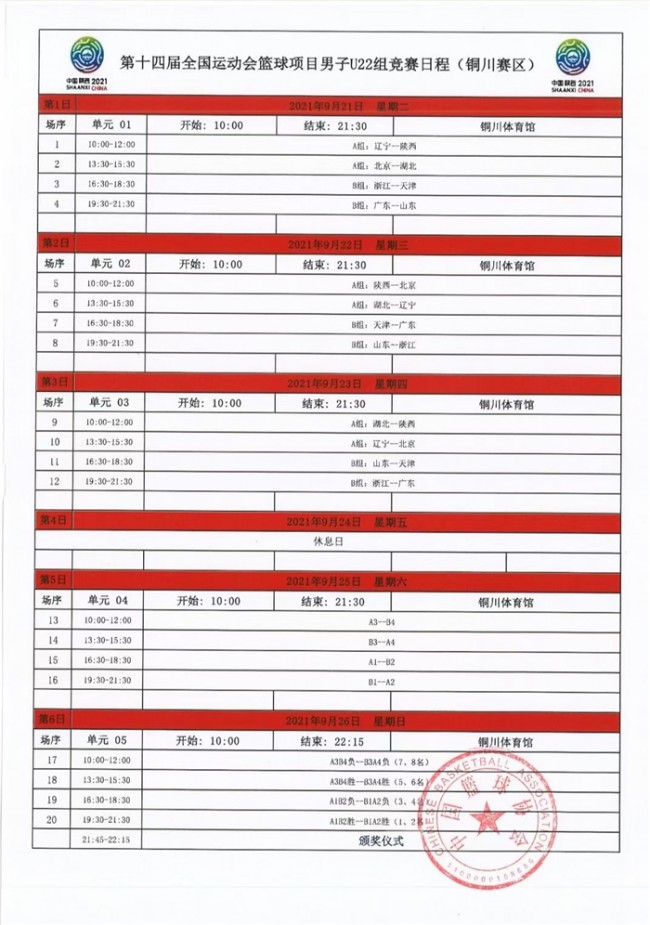 2021年第14届全运会男篮赛程