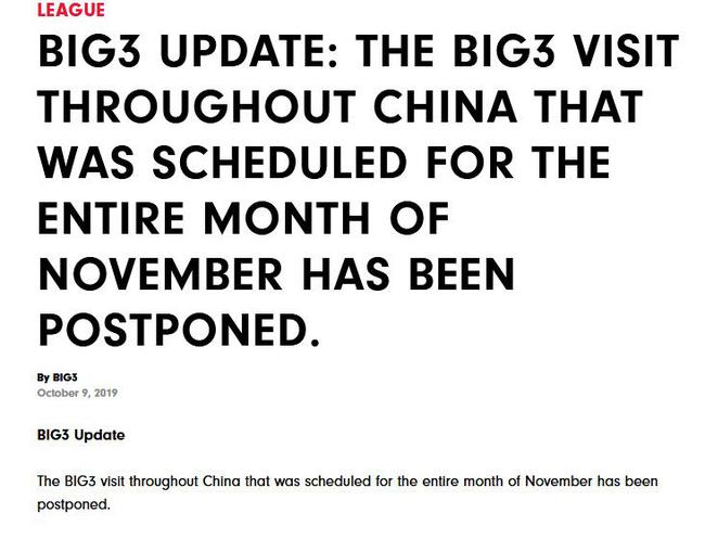 BIG3联赛官方:原定11月来中国交流活动被推迟